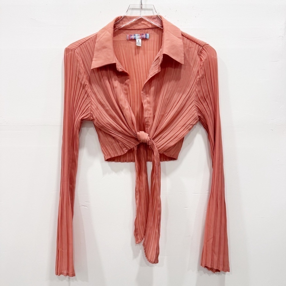 Urban Outfitters Rachel Plisse Crinkle Tie-Front Long Sleeve Cropped Top Medium